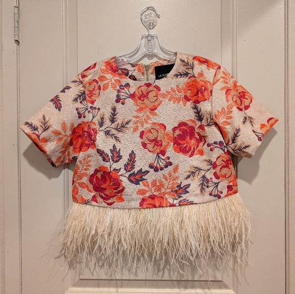 LE SUPERBE Floral Print Bateau Neckline Blouse with ostrich feather